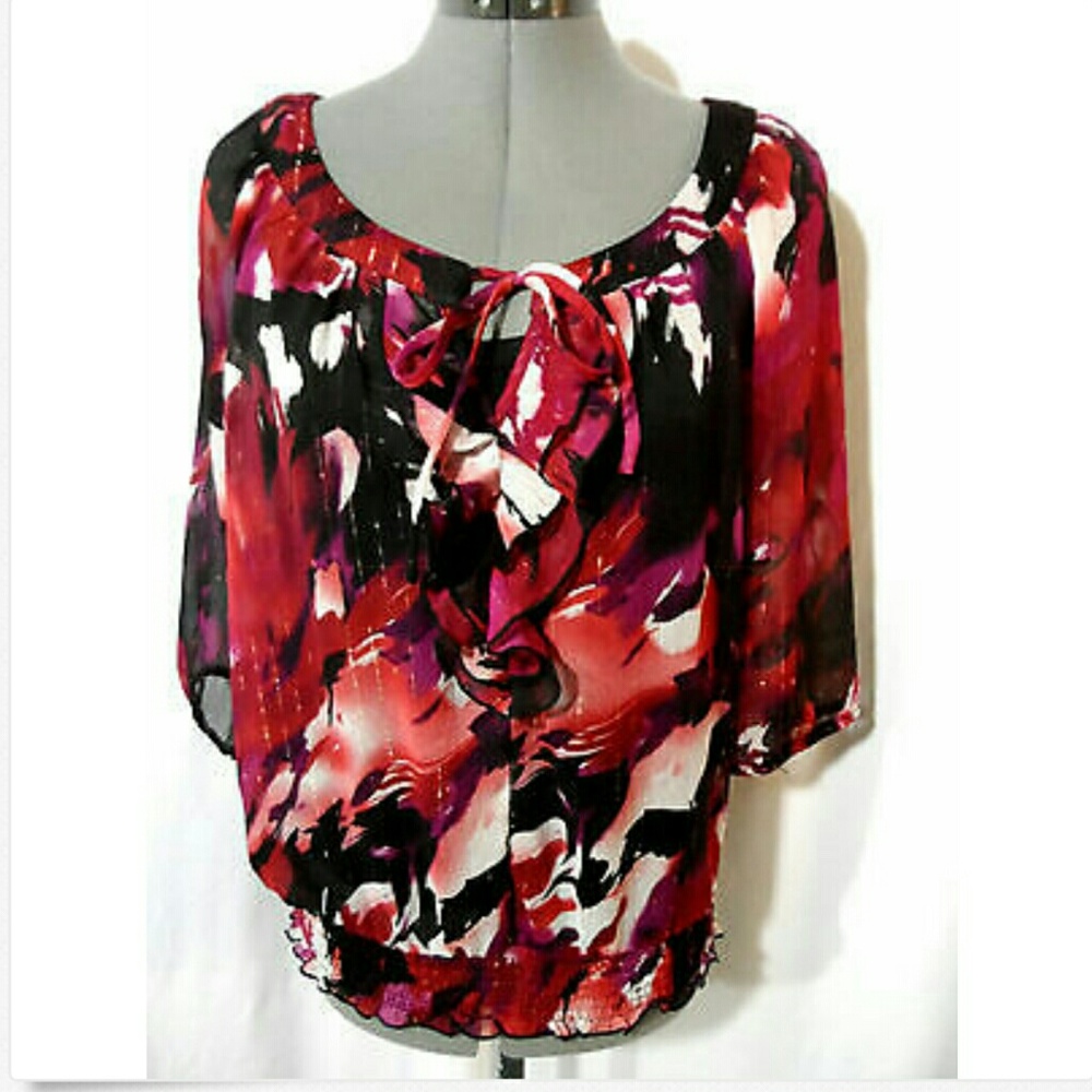 AGB Chiffon Watercolor Floral Blouse S Red Purple Black sheer top Cami lined